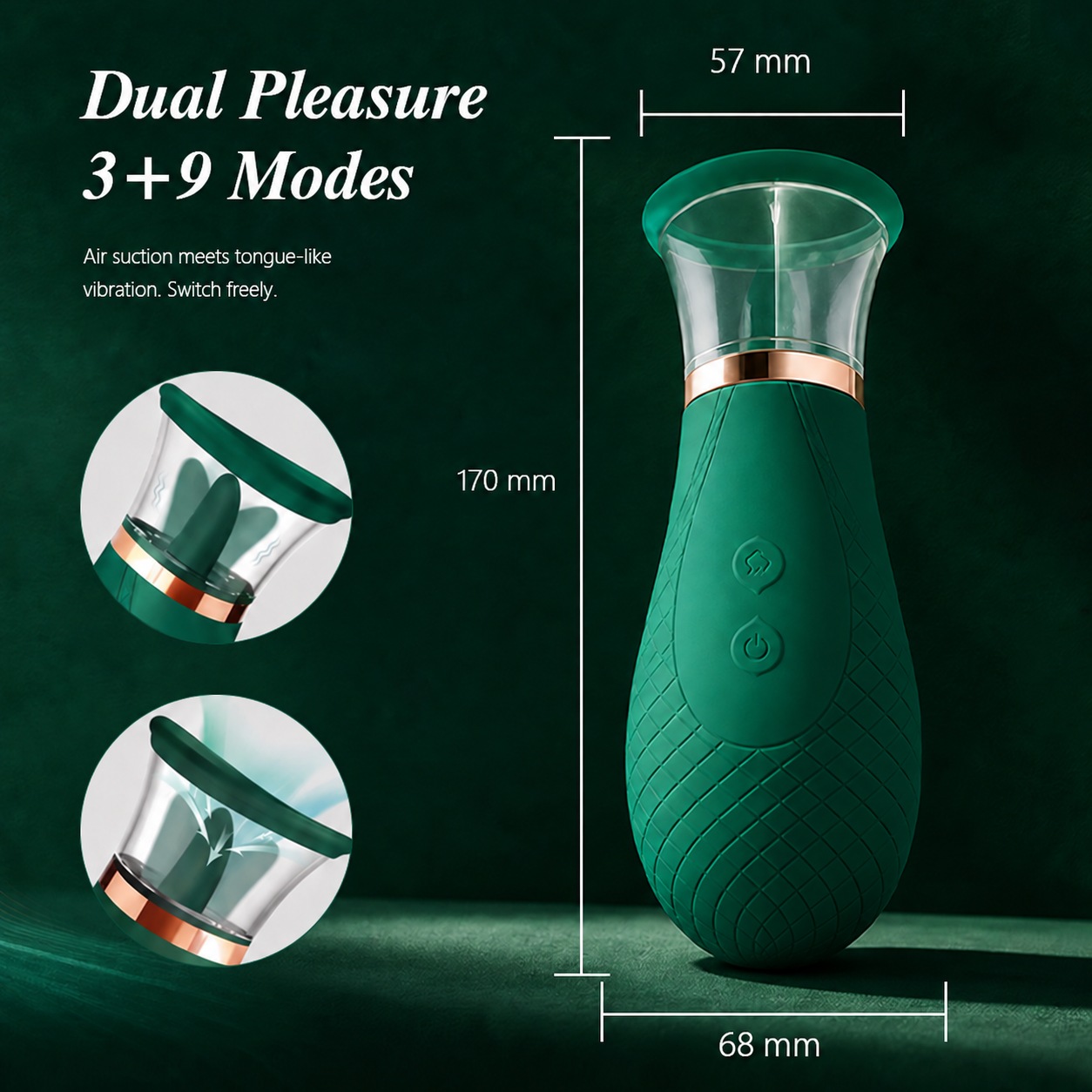 Supplier product illustration showing three air-pulse modes and nine vibration modes