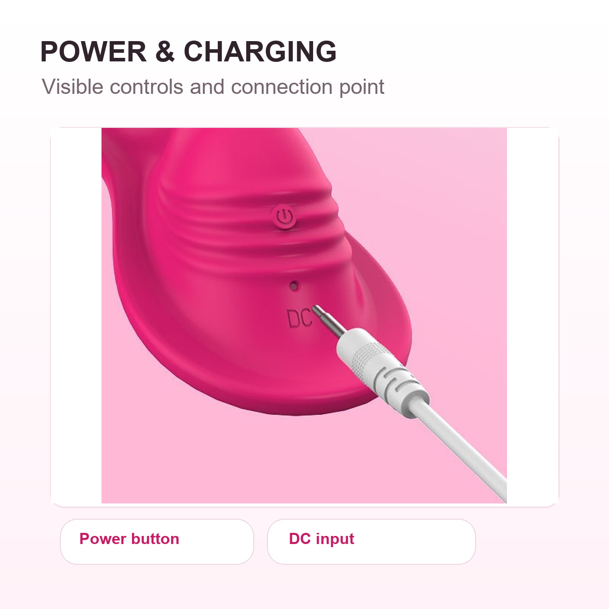 Rose Seat power button and DC charging input shown in a detail image